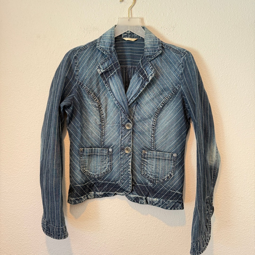 Promod Womens Blue Denim Pinstripe Blazer Jacket Two Button Tailored Faded Wash